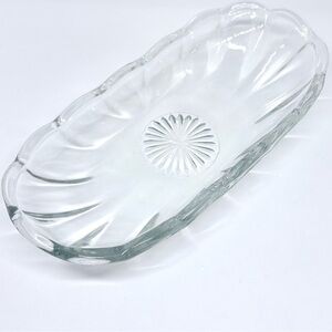 Vintage Clear Pressed Glass Oval Celery Relish Serving Dish Swirl Ribbed